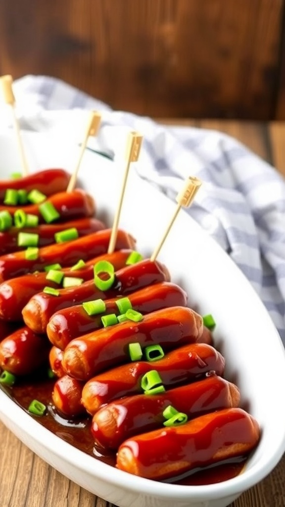 A close-up of little smokies sausages on a platter, glazed with barbecue sauce and garnished with green onions.